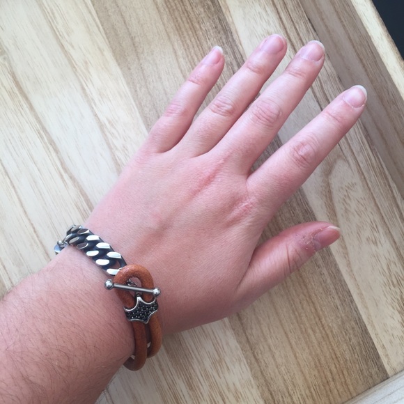 men’s Brown leather chain link rhinestone bracelet - Picture 3 of 4